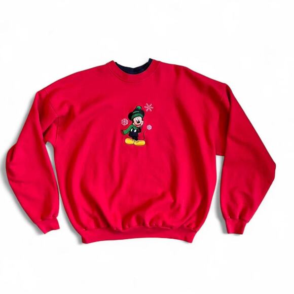 Vintage Disney Red Mickey Mouse Snowflake Sweatshirt Winter Holiday Crewneck - Picture 6 of 8
